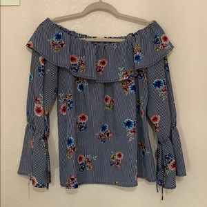Floral striped off the shoulder bell sleeve blouse